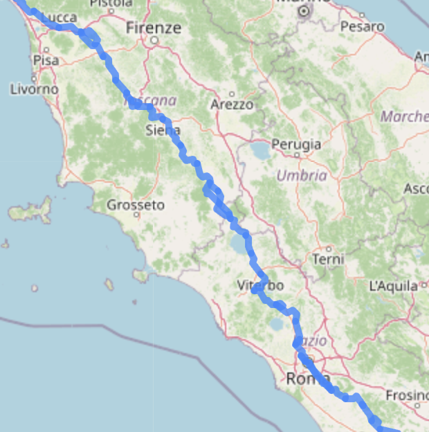 Mapa del recorrido de la Vía Francígena de Lucca a Roma
